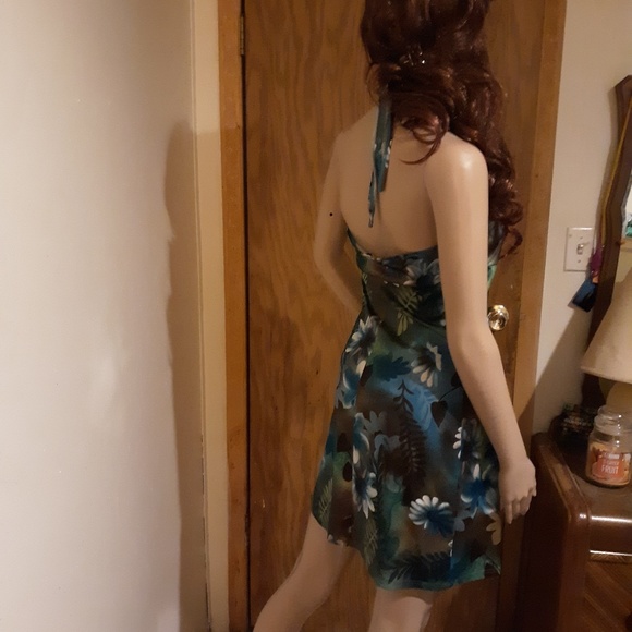 Vibrant Blue & Brown Floral Halter Dress Sz S - Picture 5 of 7